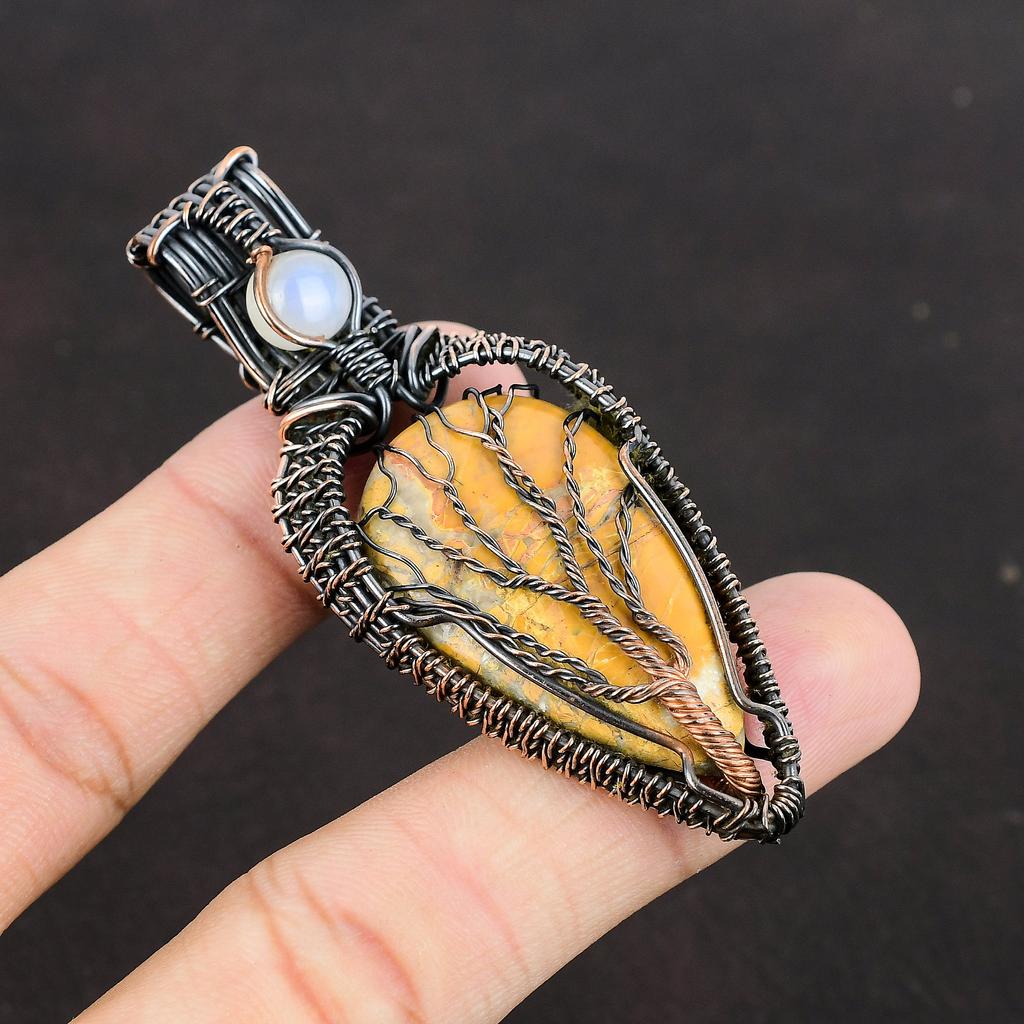 Lebensbaum Maligano Jaspis Anhänger Kupferdraht umwickelter Anhänger Handgefertigter Edelsteinschmuck Regenbogenmondstein Anhänger Drahtwickelschmuck