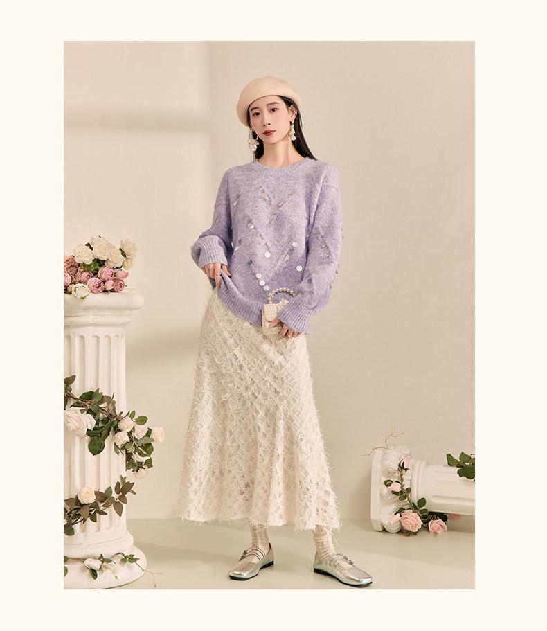 Elegant Purple Sequin Round Neck Sweater - Soft, High-Grade Pullover with Niche Design and Lazy Style.
