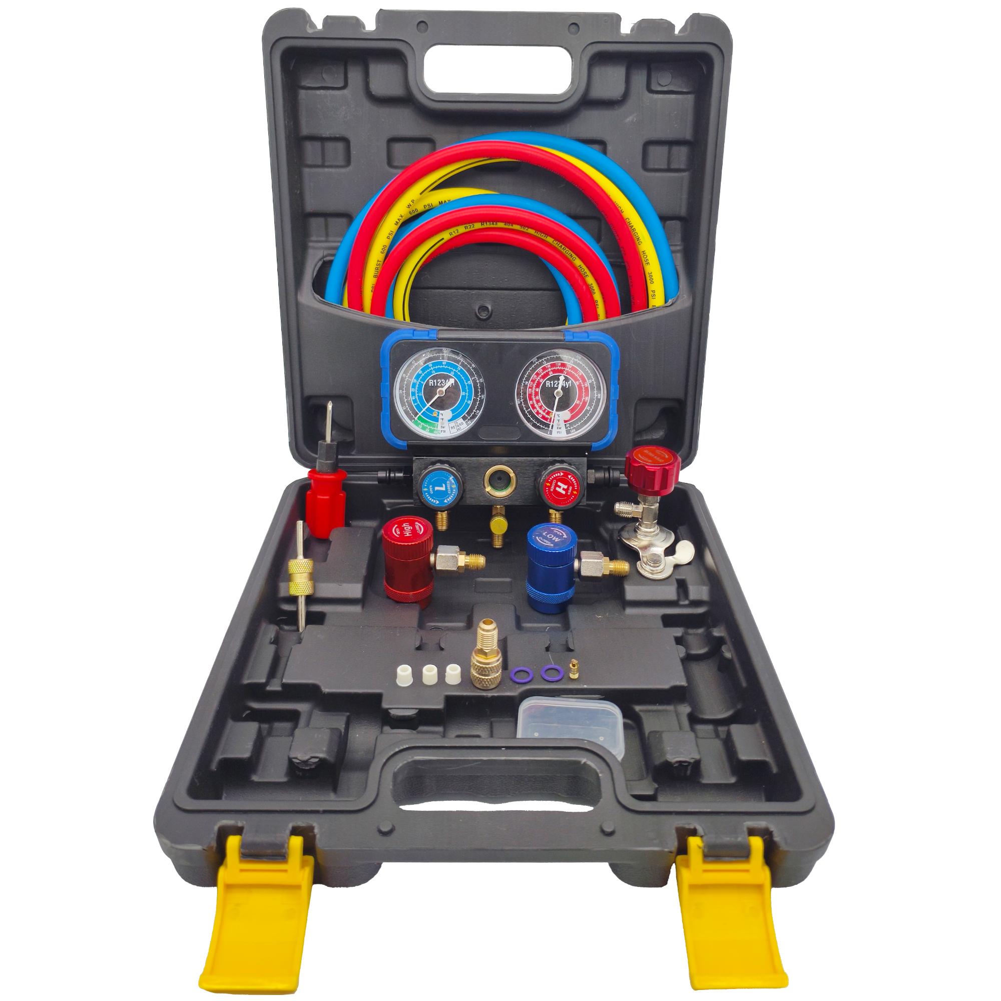 

Professional R1234yf AC Gauge Set (5ft Copper Hose, Gauges, Adapters) - Anti-Burst, Shatter-Resistant for Accurate Reading