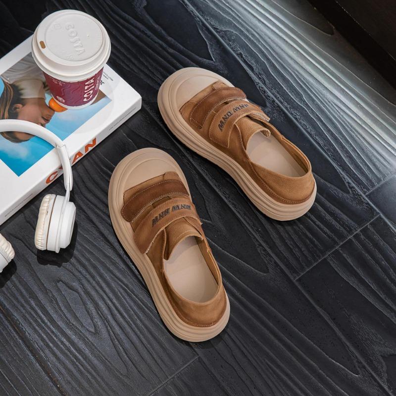 The First Layer of Cowhide Retro Color Matching Sports and Leisure Shoes Autumn New Thick-soled Breathable Velcro Board Shoes Women's Shoes