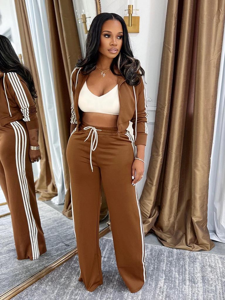 TW802 Women's Autumn/Winter Striped Hooded Cardigan & Straight-Leg Trousers Set