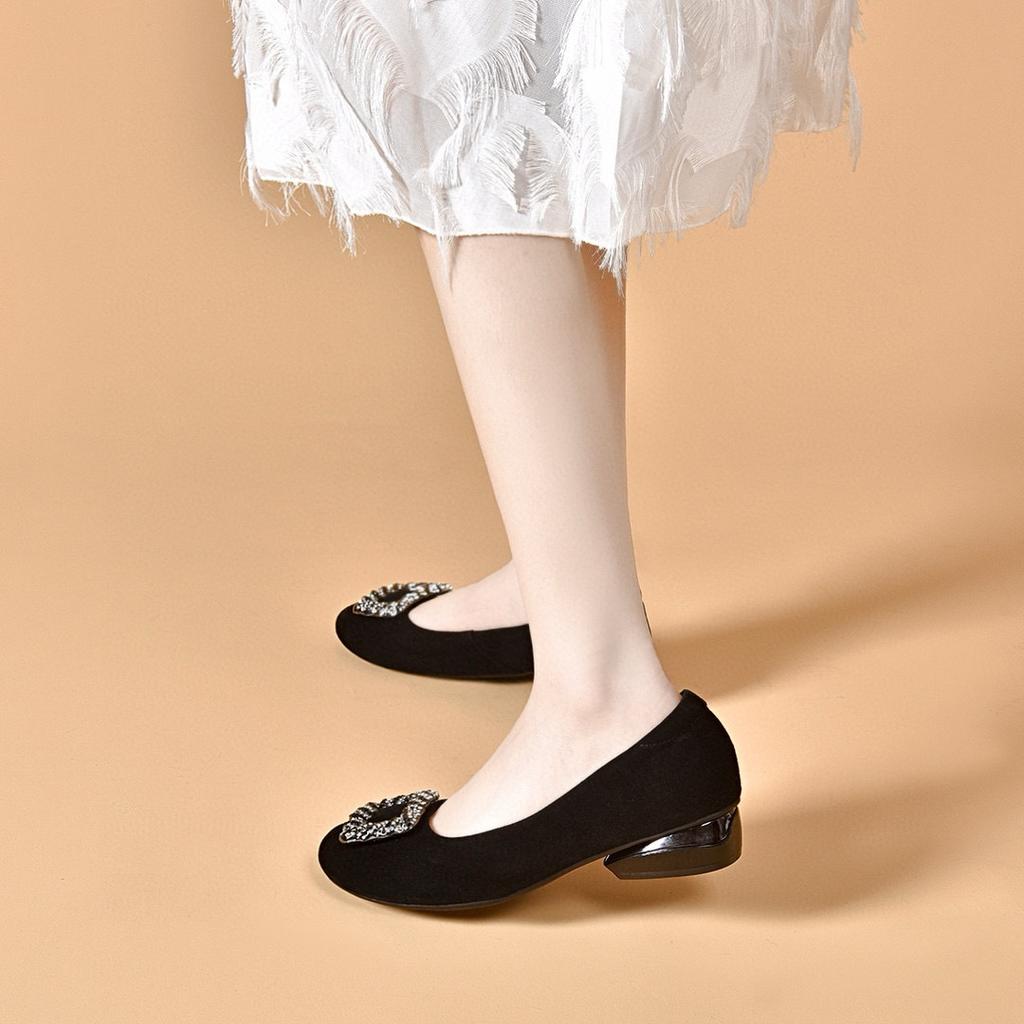 Round Head Women's Buckle Rhinestone Shallow Mouth Low Heel Single Shoes Black One-pedal Women's Shoes Flat Shoes