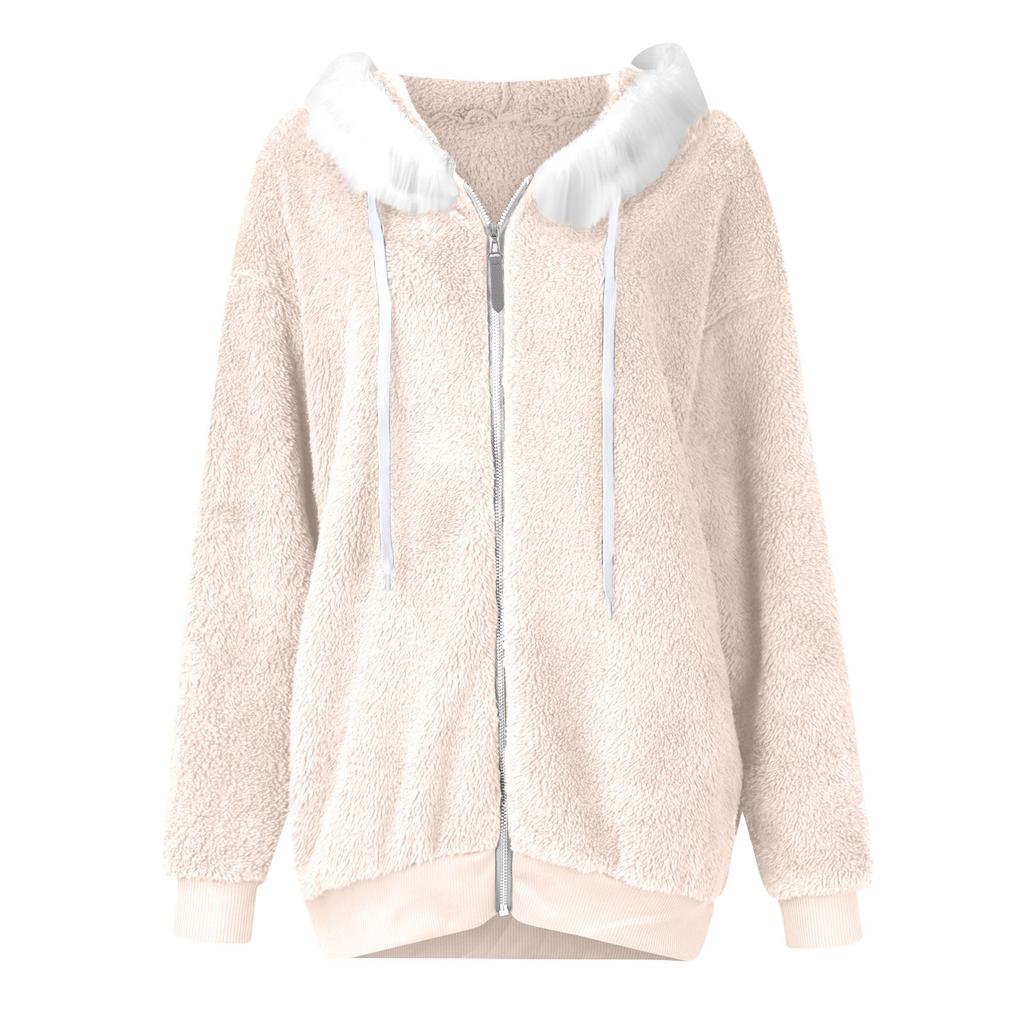 Women's Fashionable Plush Zipper Pocket Hooded Long Sleeved Loose Warm Jacket