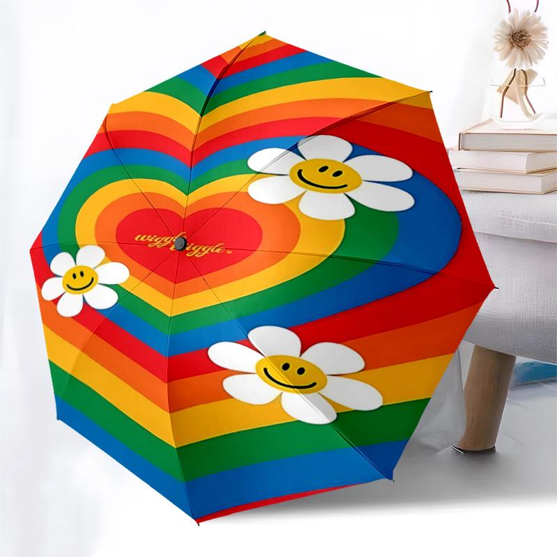 Rainbow Heart Smiley Face Daisy Flower Automatic Opening Folding Umbrella - Portable 3-Fold Design with Iron Frame for Outdoor Use, Festive