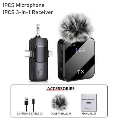 Three-in-one Design Wireless Lapel Microphone Charging Portable Video Recording Microphone with Clamp-on Noise Reduction