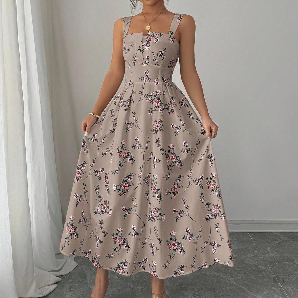 Women Sleeveless Square Neck Floral Print Maxi Dress Casual Loose Fit Long Sundress Lightweight Summer Wear