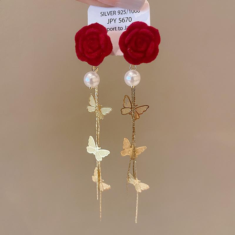 Brincos Festivos de Borla Agulha de Prata Vermelha - Retro Nicho High-End de Pino para Ano Novo