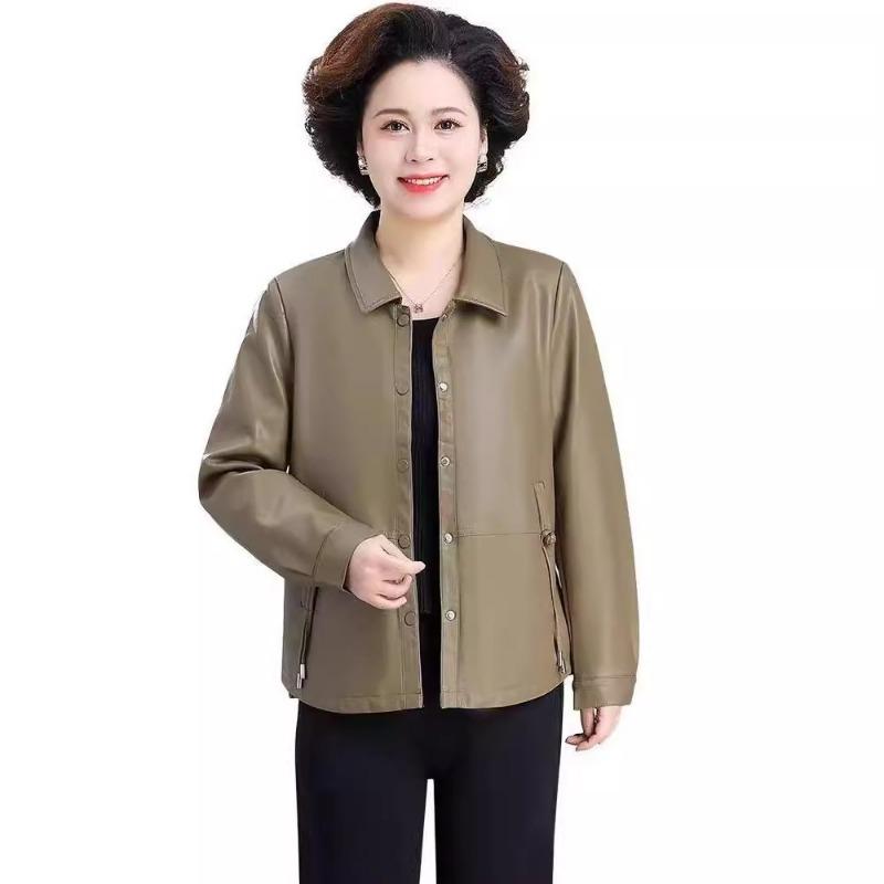 Leather Jacket Women's New Middle-aged and Old Mother Outfit Spring and Autumn Coat Thin Short Leather Jacket Top