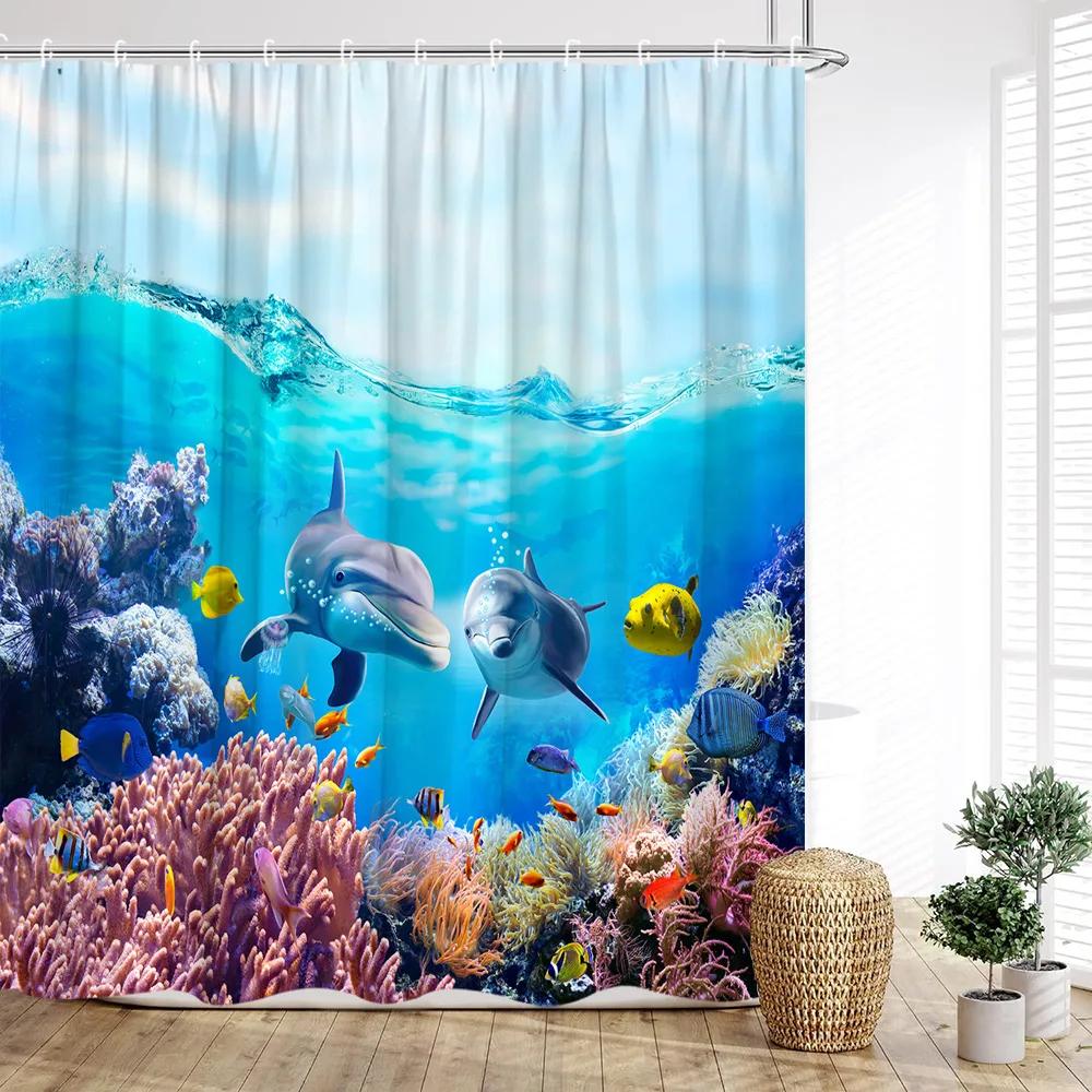 Ocean Animal Shower Curtain, Underwater Whale Coral Tropical Fish Wave Fish Blue Kids Boys Print Bathroom Decoration
