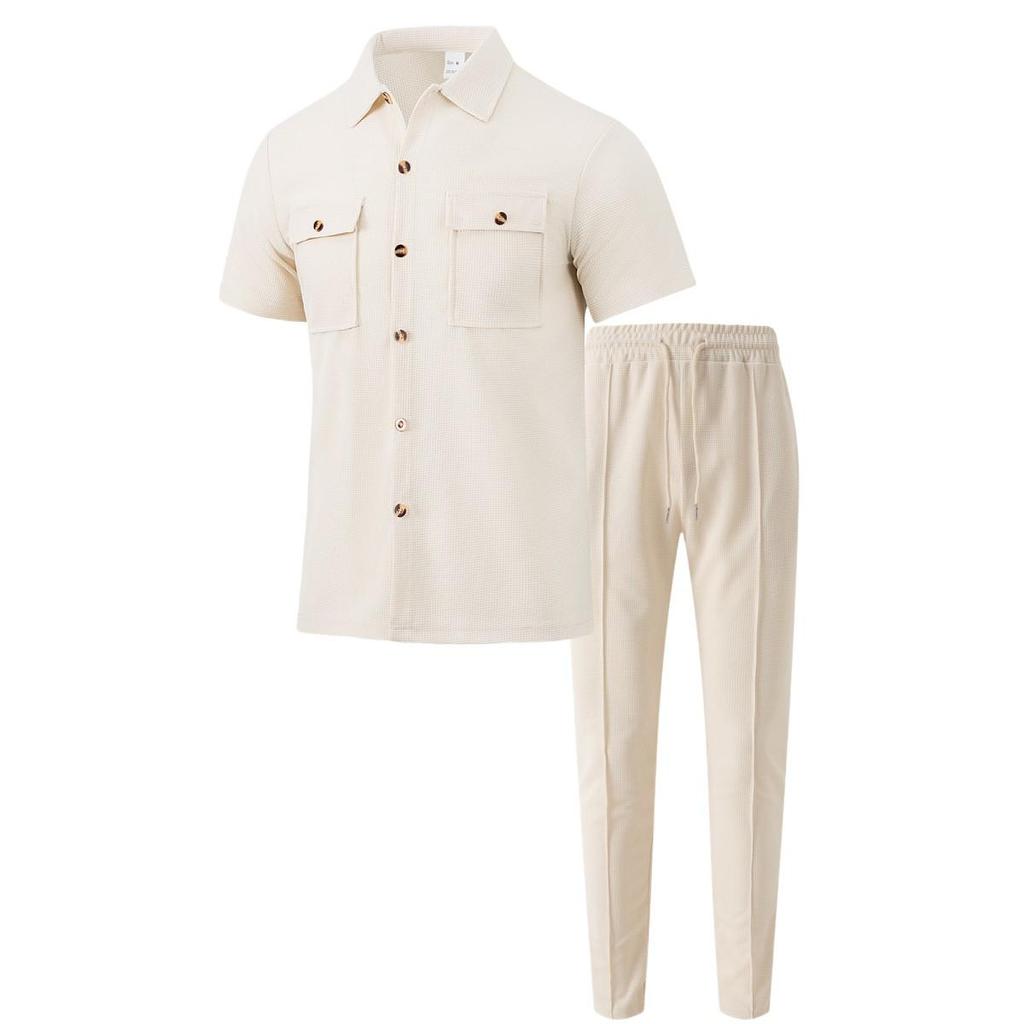Men's Solid Color Button Pocket Short Sleeve Shirt and Long Pants Two-Piece Set - Summer 2025 Collection