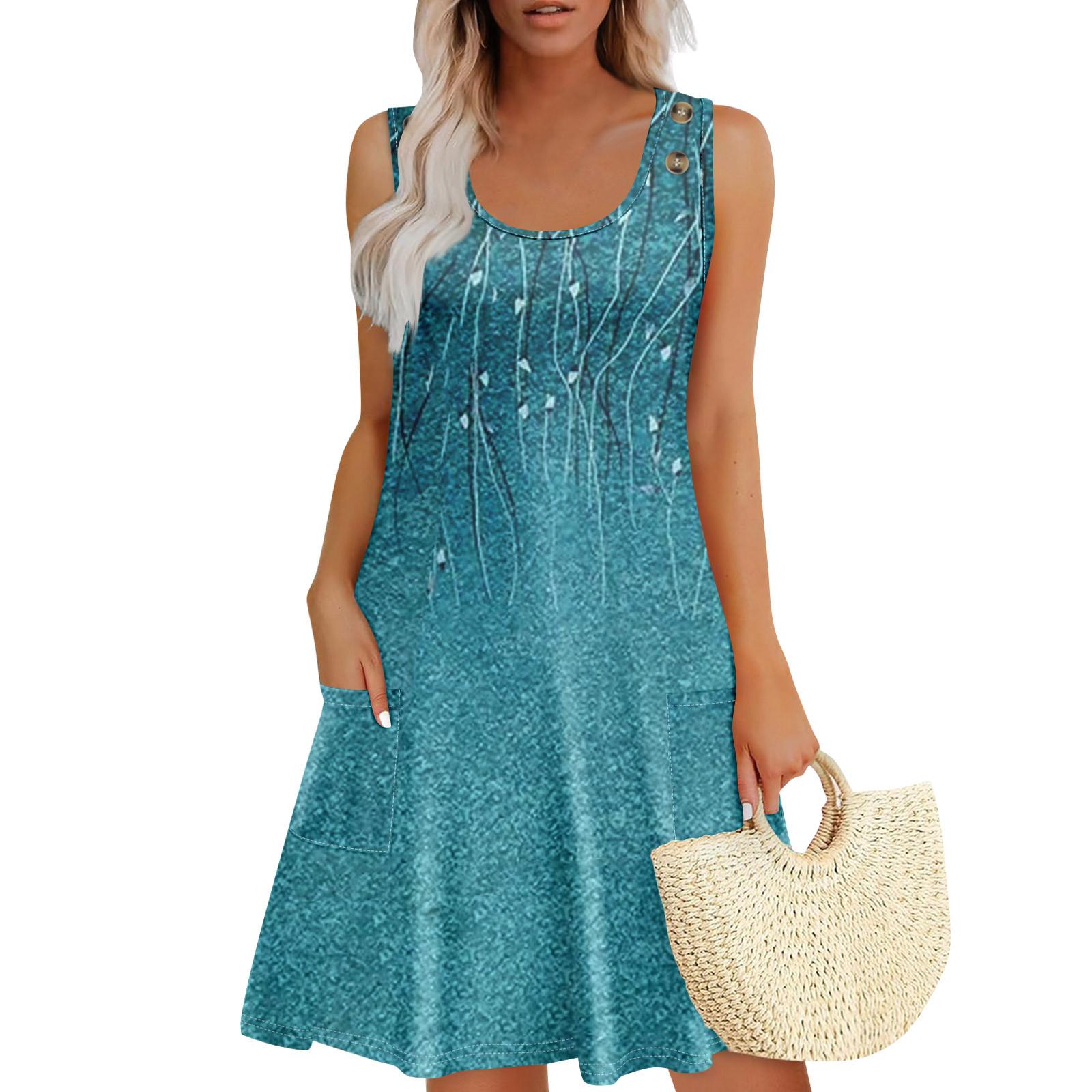 

Летние платья для женщин Пляжный Бохо Без рукавов Принт Струящиеся Карманы Футболки Сарафаны XL