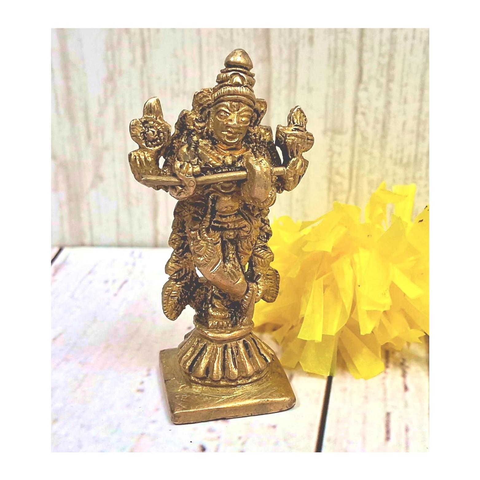 Lord Krishna Small Statue For Home Temple, Office Table & Shop Counter, Brass