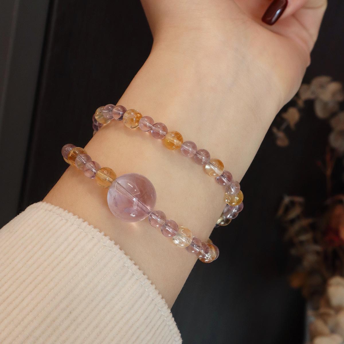Natural High Transparent Amethyst Citrine Mixed Crystal Bracelet, Fashion Round Bead Wrist Jewelry for Women