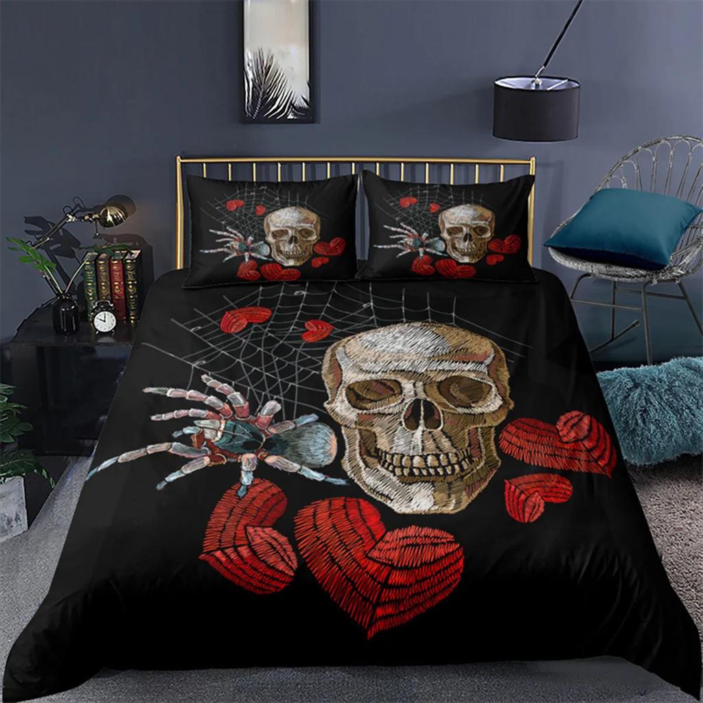 Skull Floral Skull Duvet Cover Full Size Gothic Skull Rose Bones Skeleton For Kids Women Men Red Black For Bedroom Decorations