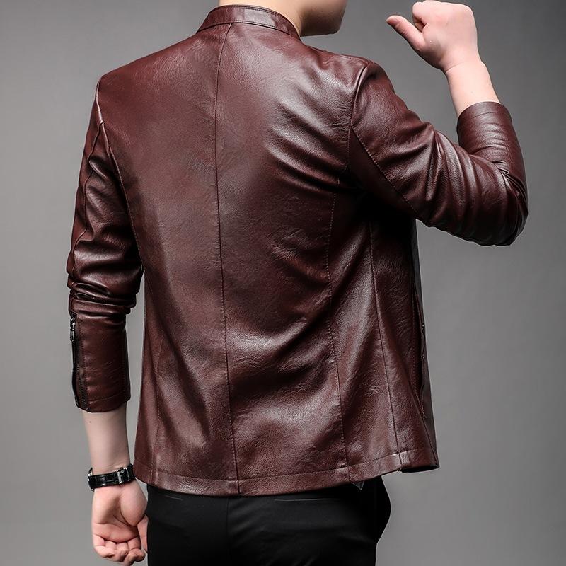Men's locomotive PU leather jacket men's leather jacket spring new thin coat solid color stand-up collar slim leather jacket men