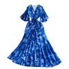 French holiday style beautiful fairy gas printing V-neck dress women's autumn and winter waist irregular elegant ruffle skirt