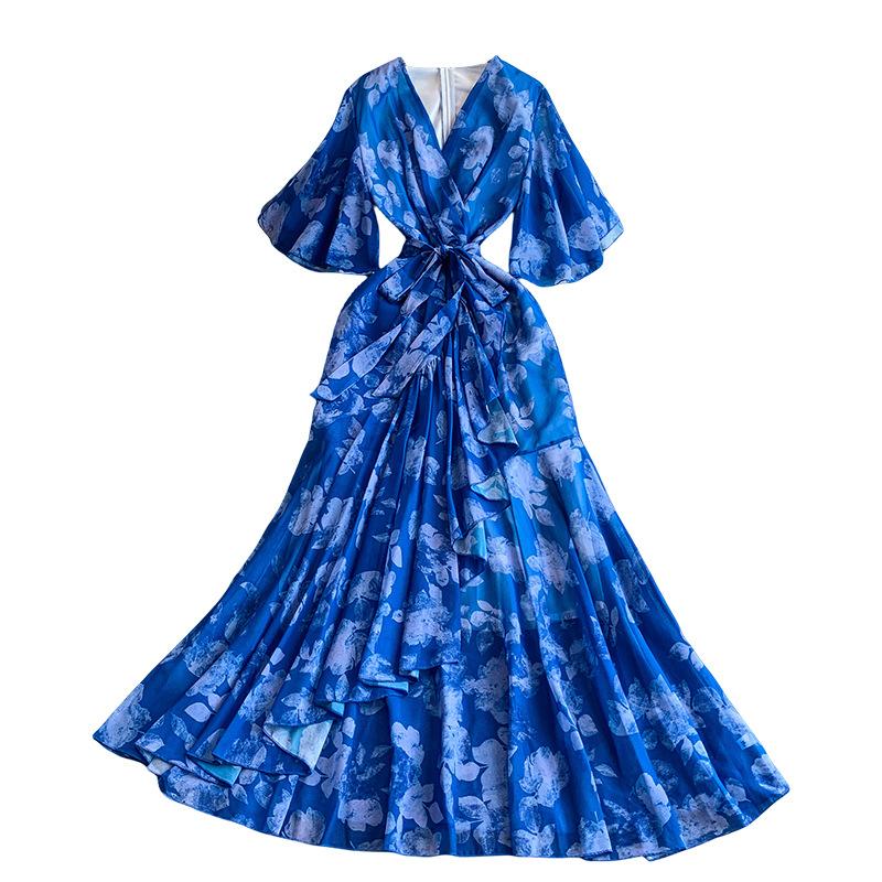 French holiday style beautiful fairy gas printing V-neck dress women's autumn and winter waist irregular elegant ruffle skirt