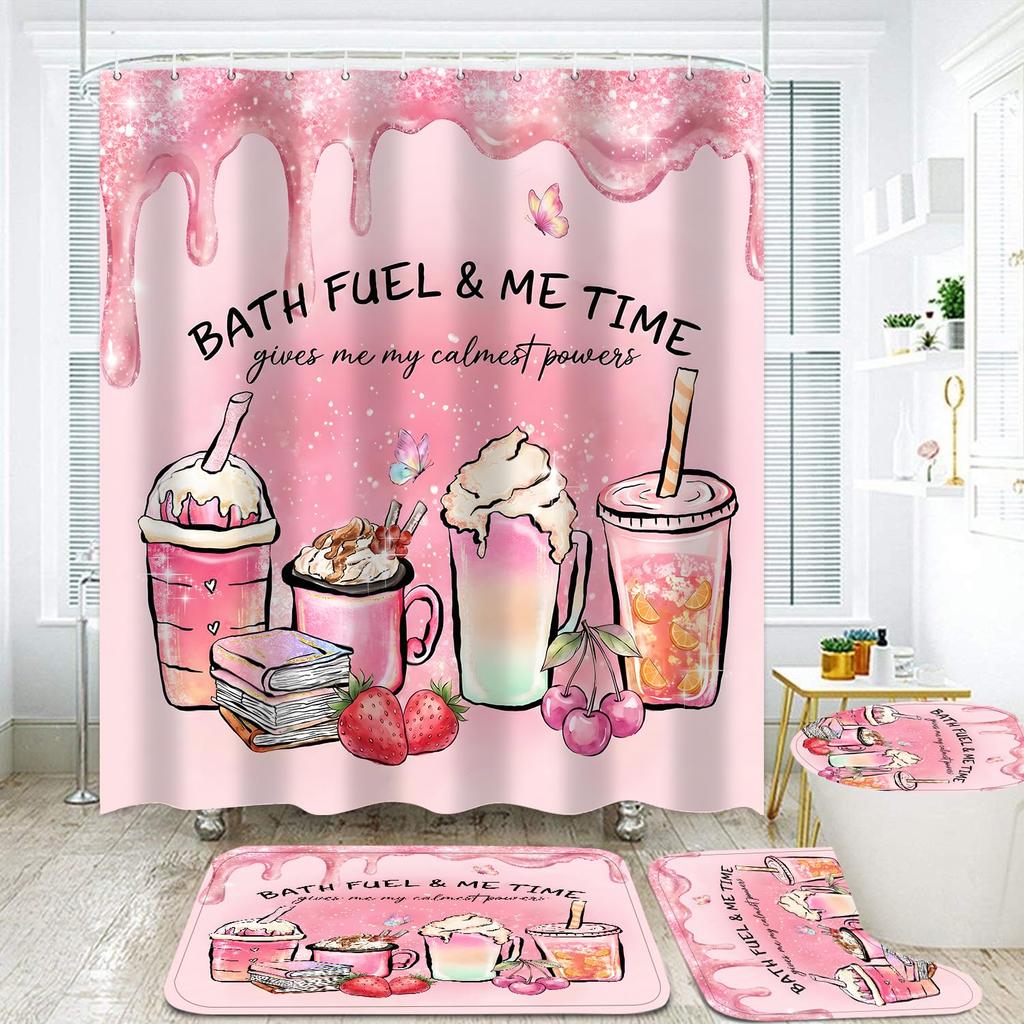 4Pcs Shower Curtain Set with Non-Slip Bath Mat, Toilet Lid Cover, Contour Rug & 12 Hooks, Bathroom