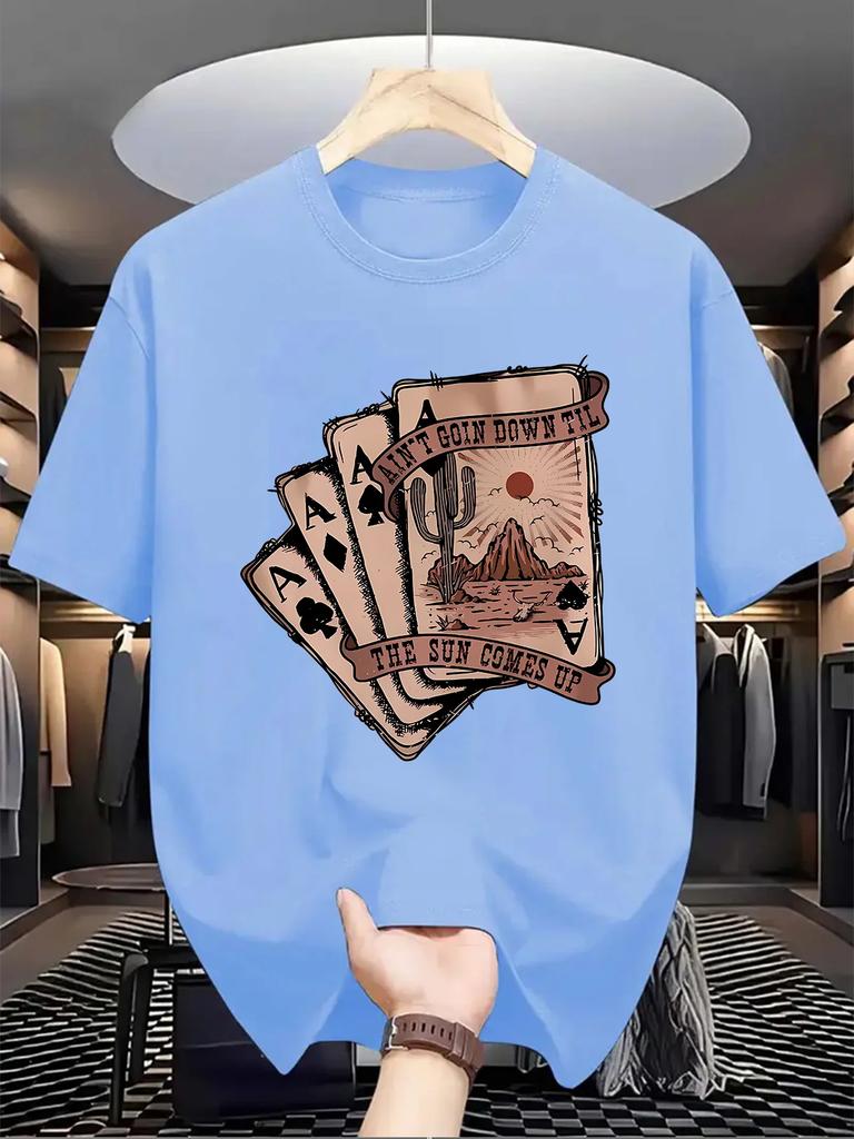 Men'S Casual Crew Neck T-Shirt with Playing Card Graphic,  Knit Fabric, Slight Stretch, Regular Fit, Summer Top for Daily Wear