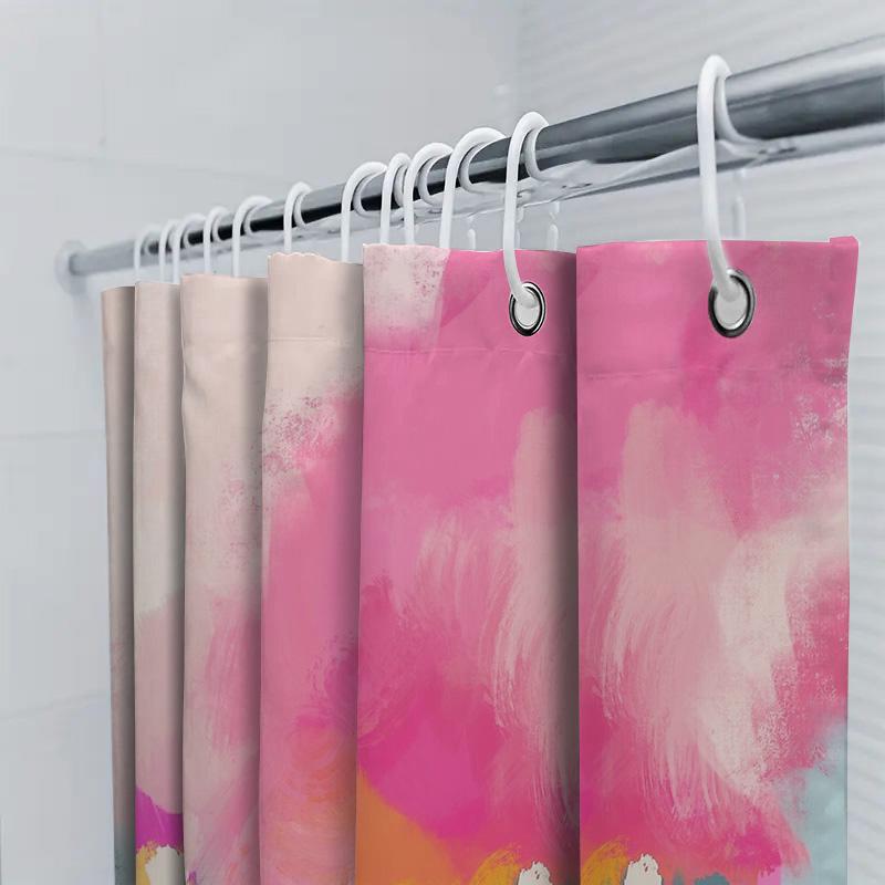 Abstract Art Shower Curtain Modern Teal Blue Beige Brush Stroke Backdrop Bathroom Decor Washable Waterproof Fabric