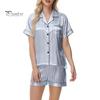 2 Pçs/Conjunto Mulheres Camisa Shorts Terno Plus Size Lapela Mangas Curtas Cetim Listrado Contraste Cor Top Cintura Elástica Calças Curtas Homewear Loungewear