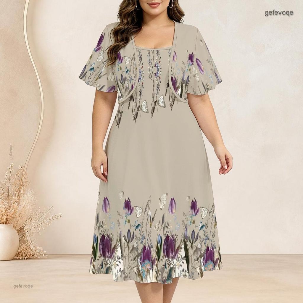 Women Plus Size White Printed Two Piece Set Batwing Sleeve Cropped Shrug Strappy Flared Dress