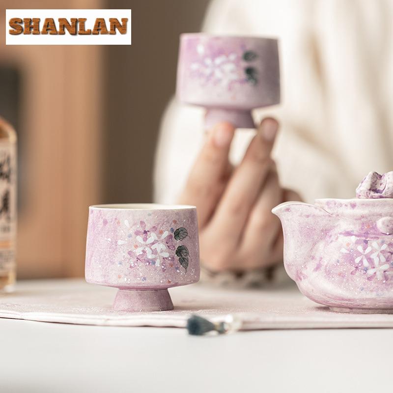 2pc/lot Hand-painted Hydrangea Purple Scales High Foot Teacup Tea Bowl Mug Tea-tasting Fragrance Cup Chazhan Master Cups 60ml