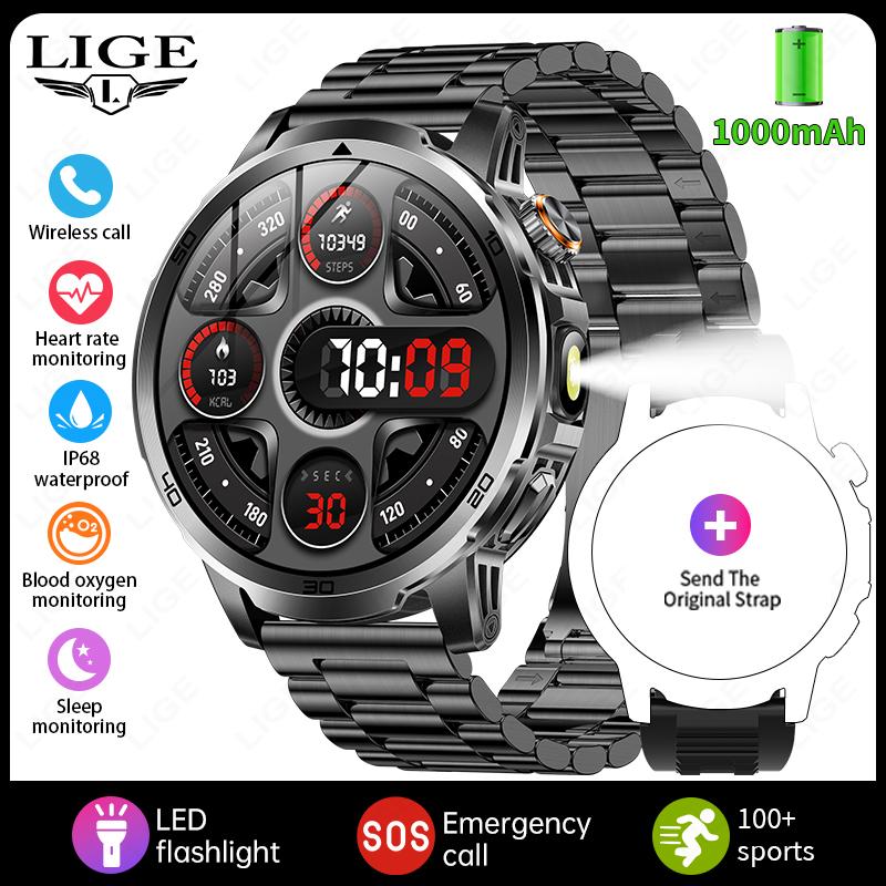 Outdoor Smart Watch Men 1000mAh Battery LED Flashlight SmartWatch Bluetooth Call Heart Rate Waterproof Sports Smartwatch