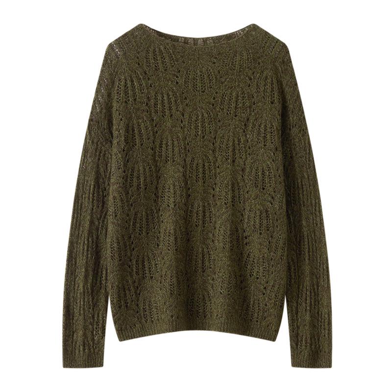 Korean Style Women's Cashmere Lyocell Round Neck Hollow Knit Sweater