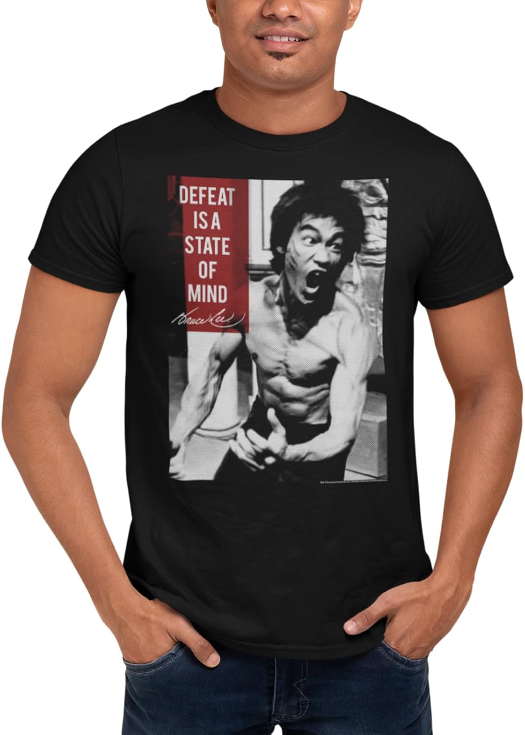 Bruce Lee Chinese Martial Arts Icon Adult T-Shirt Tee Defeat is a State of Mind Black S
