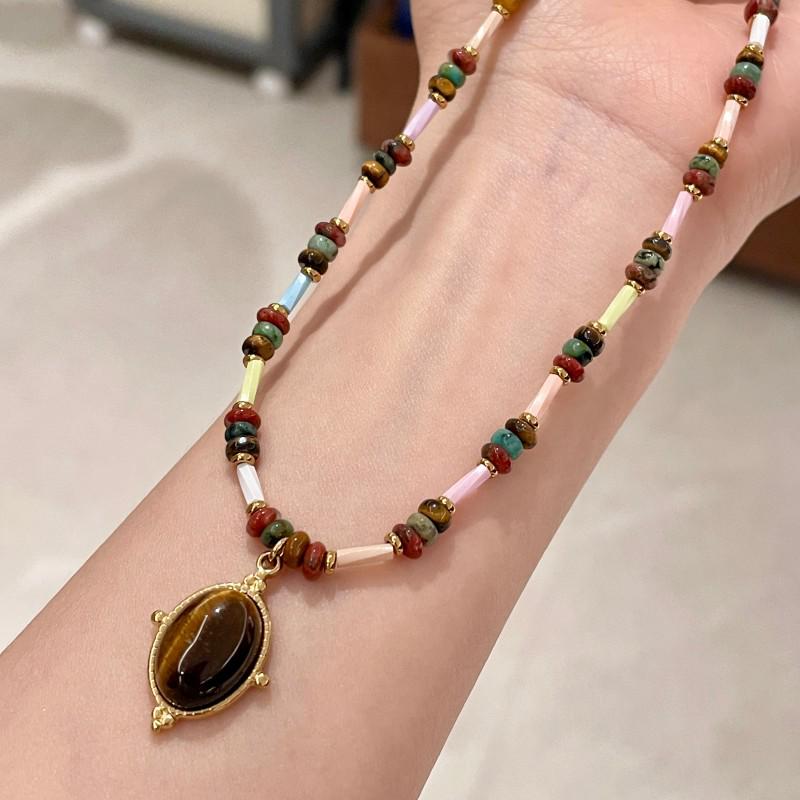 Retro Tigerauge Oval Perlen Choker Halskette mit hochwertigem Naturstein Kristall.