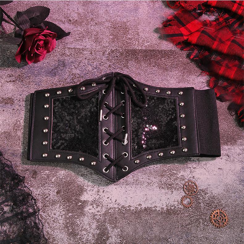 Lace Waist Strap Cover Metal Buckle Tie Rope Elastic Waist Black Theme Dark