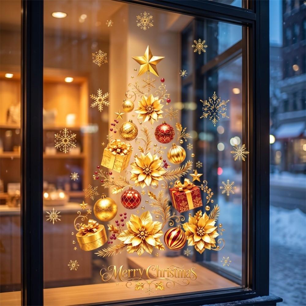 Large Christmas Tree Window Sticker Golden Snowflake Electrostatic Sticker Bedrooms