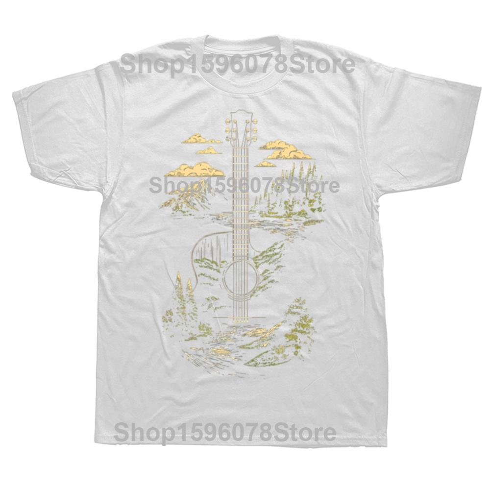 Acoustic Guitar Nature Forest Mountain Art 100% Cotton T-shirts Men Print Tshirt Loose Oversized Streetwear Hip Hop T Shirt