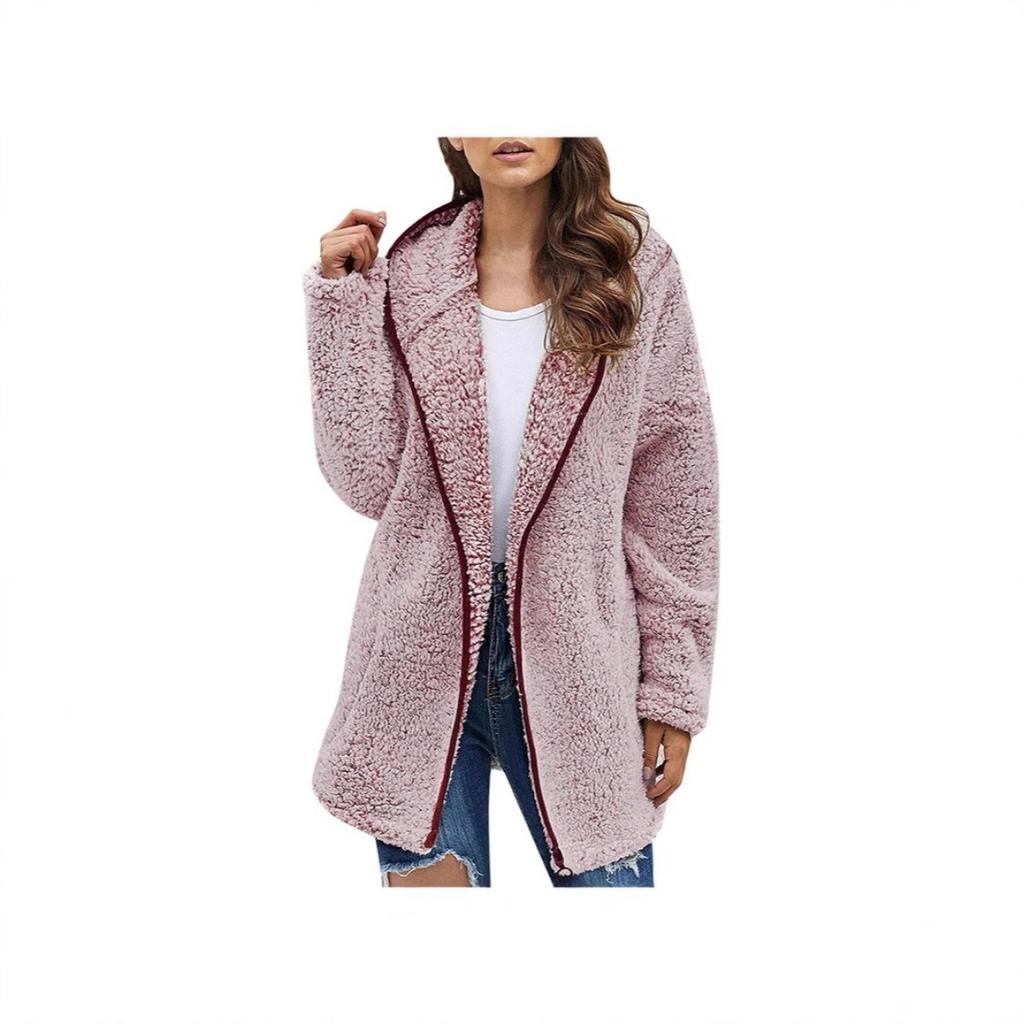 Women's Casual Solid Color Hooded Fleece Sweatshirt Long Sleeve Lapel Fleece Top For Autumn Winter