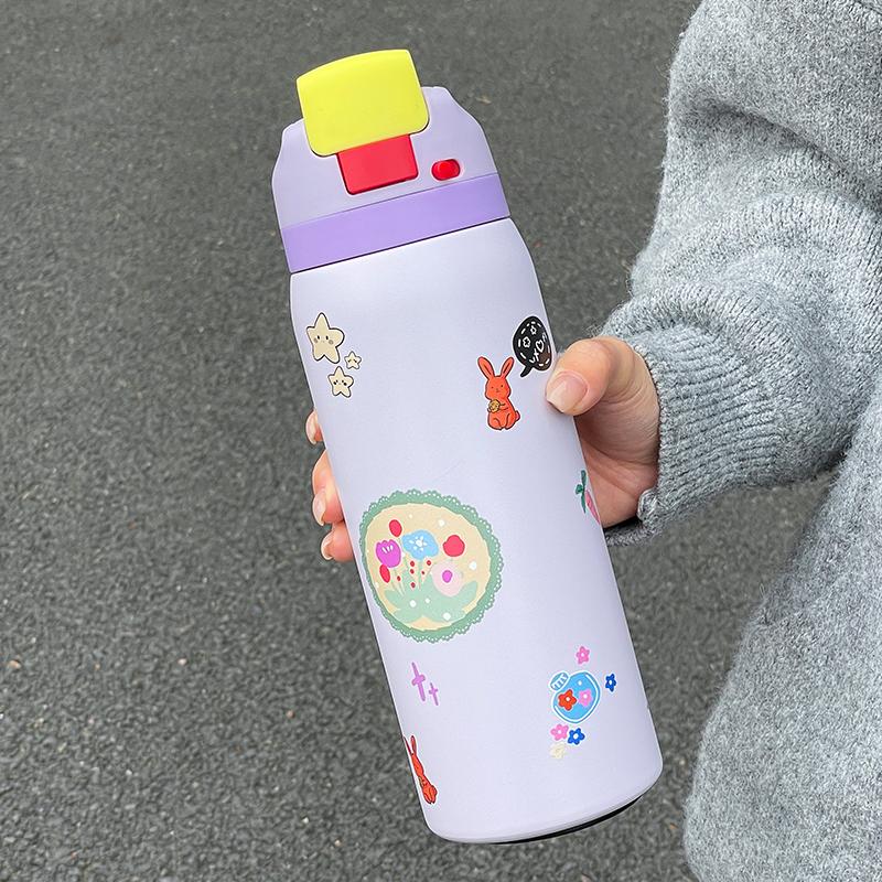34oz Stylish Stainless Steel Water Bottle - Trendy Floral Two-Tone Design, 24Hr Hot/Cold Insulated, Leakproof Sport Lid & Handle