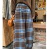 Blue Plaid Wool Pants Women Winter Loose Straight Leg Retro Casual Wide Leg Trousers
