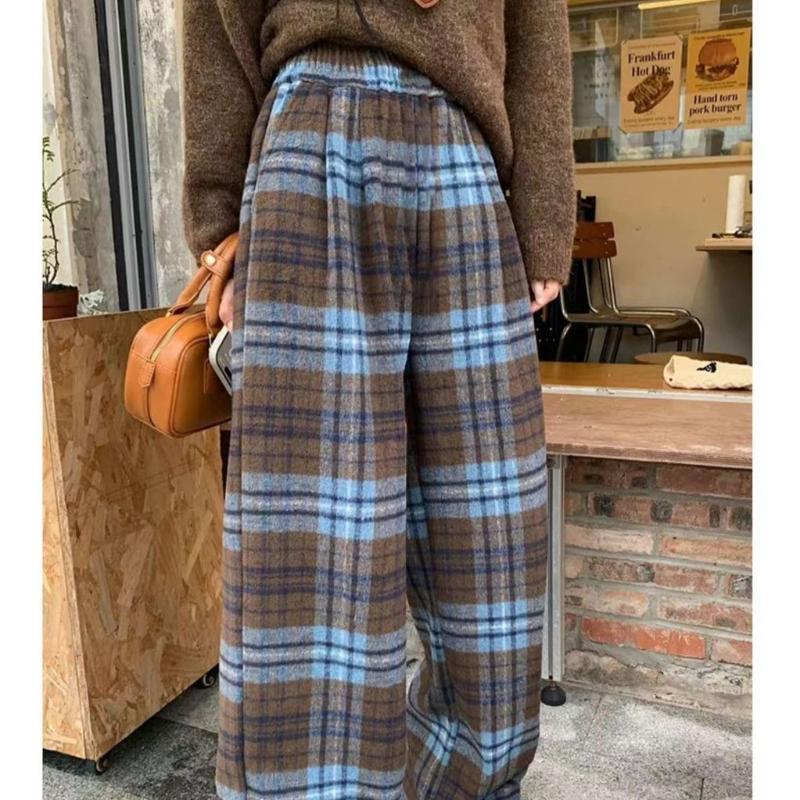 Blue Plaid Wool Pants Women Winter Loose Straight Leg Retro Casual Wide Leg Trousers
