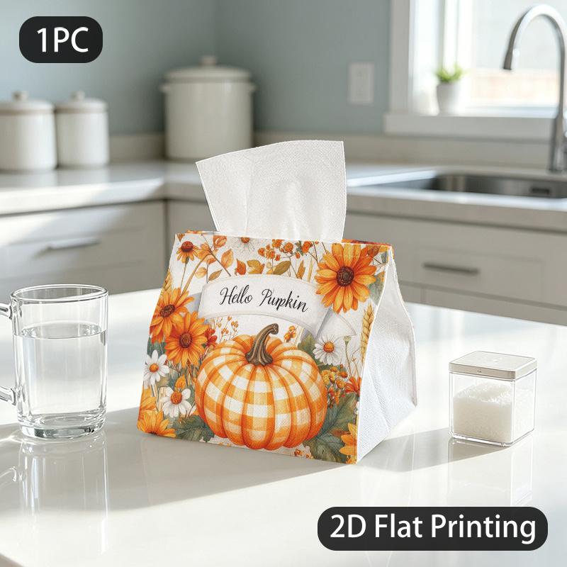 1pc Tissue Box, Watercolor Checkered Pumpkin Floral Warm Cheer Pattern, 2D Flat Printing, Made From Tough Polyester, Machine Washable, Napkin Dispense