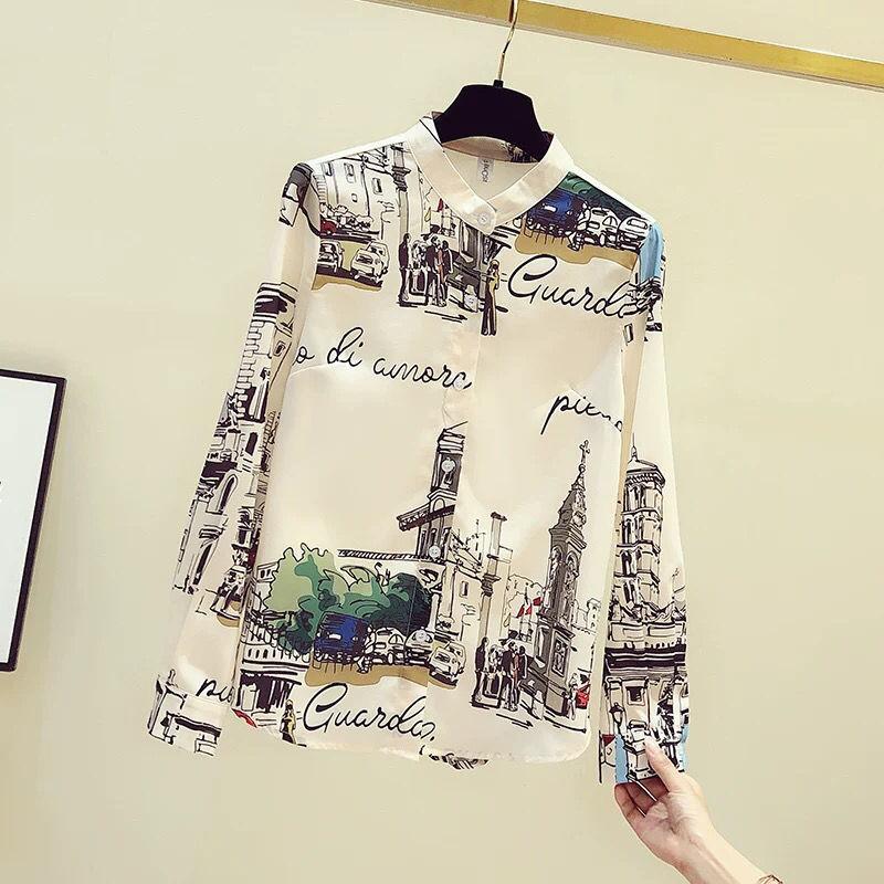 

Винтажные блузки с интеллектуальным принтом, свободные темпераментные корейские модные топы с отложным воротником, женская одежда, тонкая весна-лето S бежевый