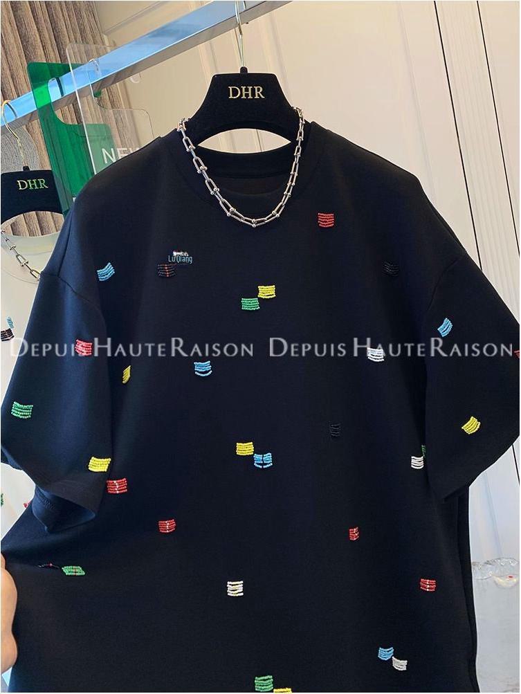 Women's Summer Loose Fit Korean Embroidered T-Shirt - Unique Straight Shoulder Short Sleeve Top