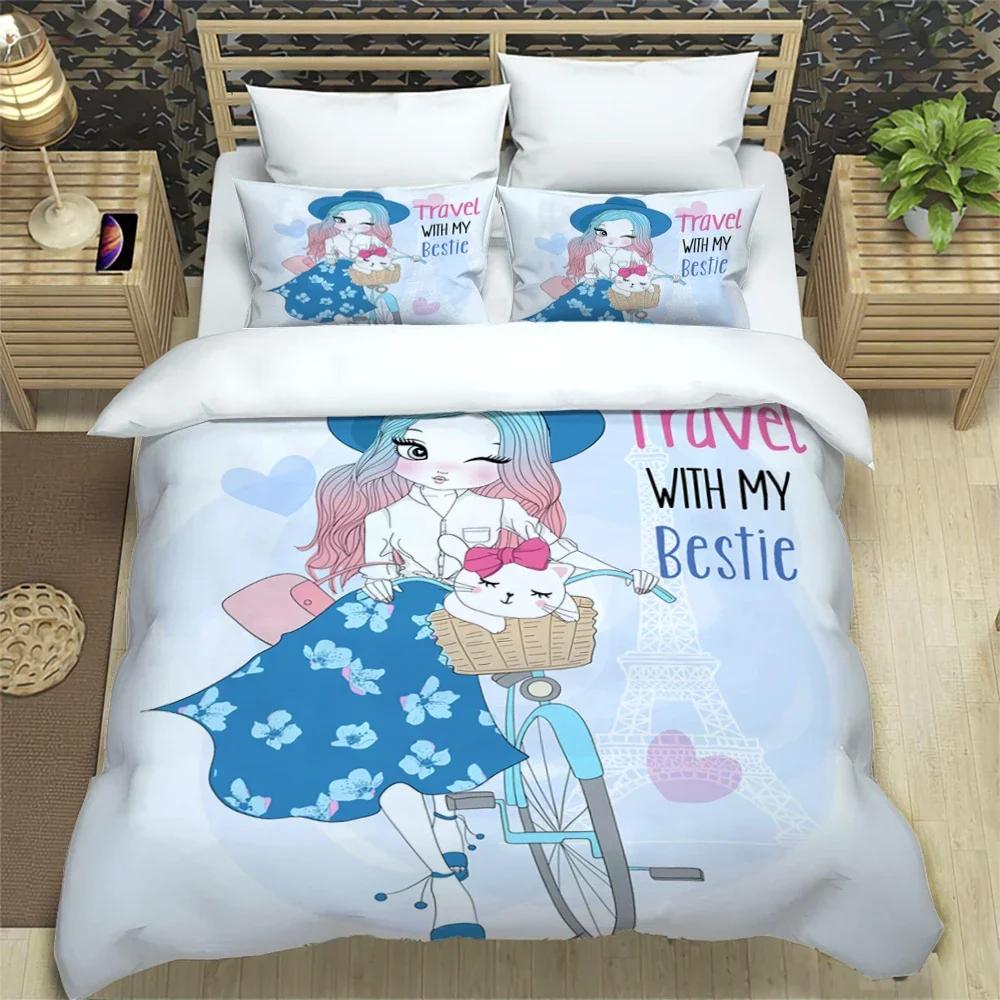 Cartoon Girl Art Print Xxl Three Piece Bedding Set  Article Children Or Adults For Beds Quilt Covers Pillowcases Bedding Set