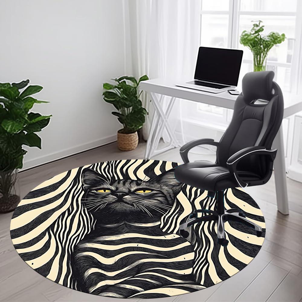 1pc Zebra Cat Office Round Area Rug, Indoor Mat Suitable ForOffice, Under Office Chairs Bedroom Living Room Home Decor, D108