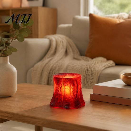 Warm Red Light Shadow Lamp LED Tree Stump with Realistic Flame Effect, Simulated Pit Wood Bonfire Effect Night Light, Battery Operated Faux