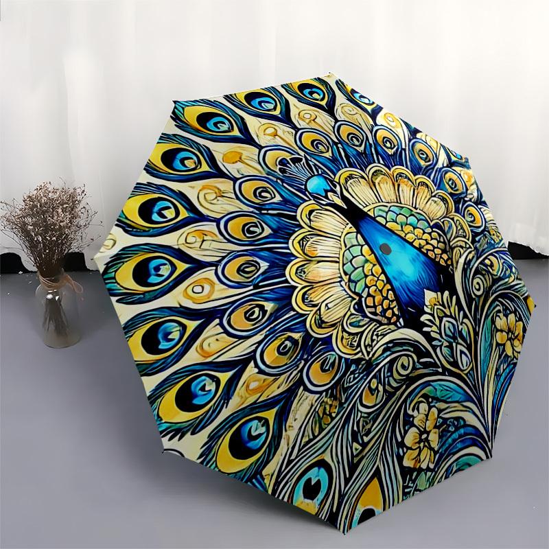 1pc Peacock Mandala Art Automatic Folding Umbrella - Portable 3-Fold Design, 8-Bone Iron Frame Outdoor Umbrella, Ideal Gift for Fans, Travelers, Daily