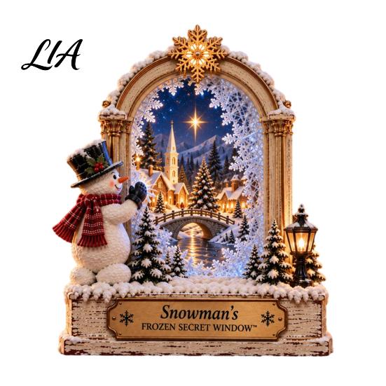 Holiday Party Table Settings Christmas Wooden Window Scene Figurine, Double-Sided Print Sign with Santa Workshop Indoor Displays Snow Town Train,