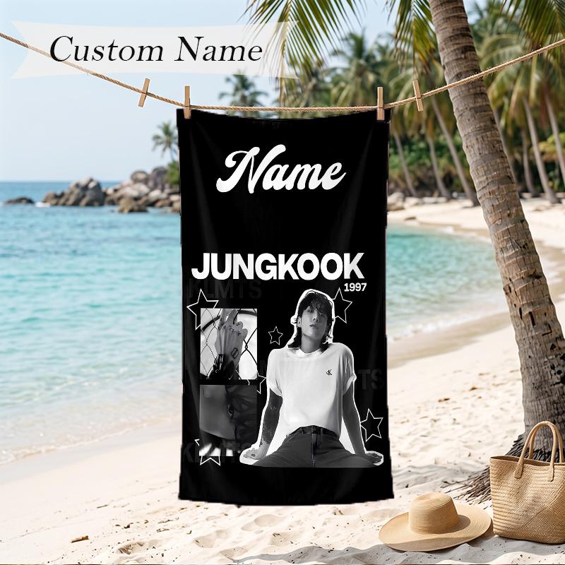 Jung Kook Custom Name Printed Beach Towel Personalized Soft Towel For Swimming Beach Travel