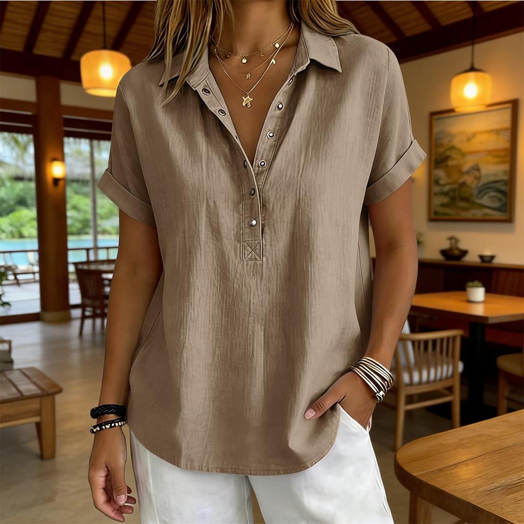 Womens Loose Fit V Neck Blouse Casual Cotton Linen Short Sleeve Shirt Button Down Lightweight Top for Daily Wear