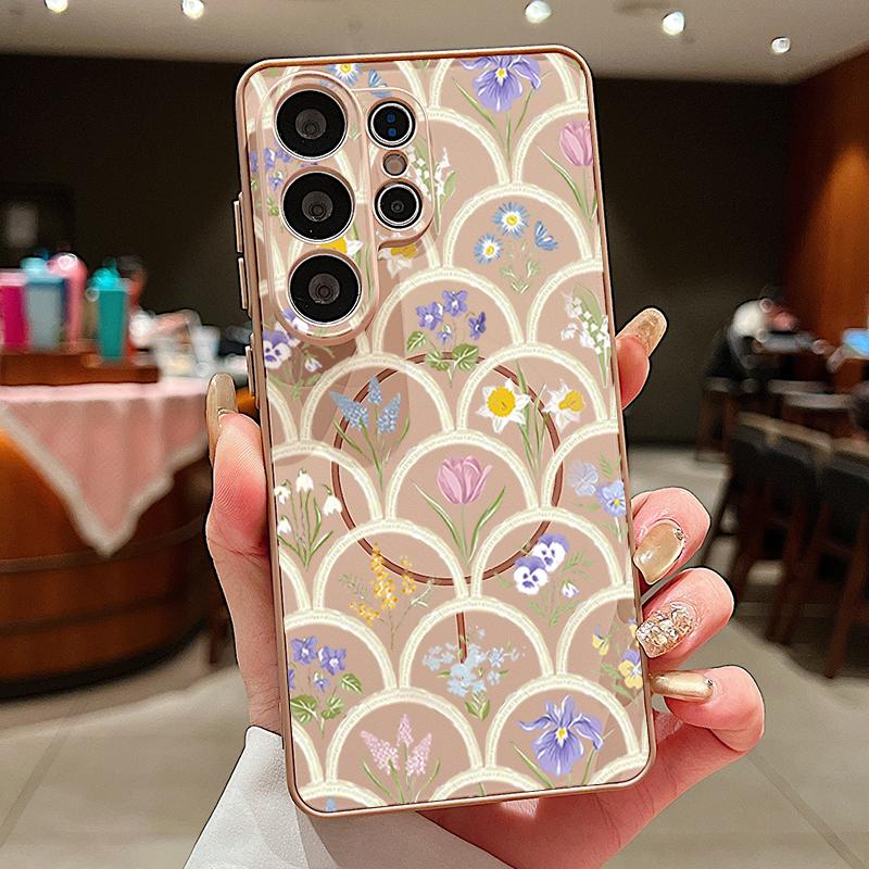 Etui z kwiatowym wzorem lawendy, piwonii i róży dla Samsung Galaxy S26 Ultra S25 Edge S24 Plus S23 FE S22 A17 A54 A55 A56 A57 5G Magnetyczne Pokrowiec dla Magsafe