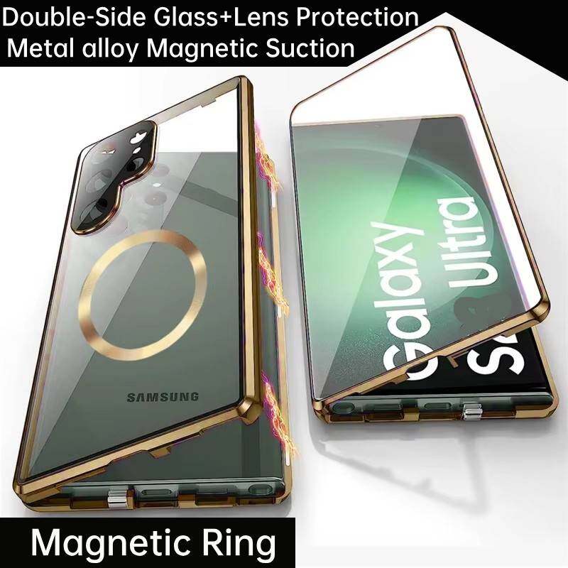 

Чехол для Samsung Galaxy S25 Ultra/ S25+/ Plus, с двусторонними магнитными чехлами из закаленного стекла, металлическим бампером с магнитной адсорбцией Magsafe Galaxy S25 золотой